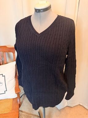 Black Cable Knit V-Neck Sweater 100% Cotton Long Sleeve Classic Pullover
